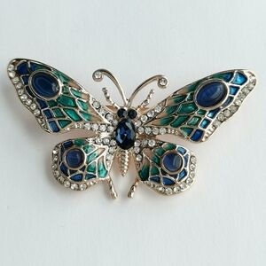Butterfly Brooch Pin Gold Blue Enamel Crystal
